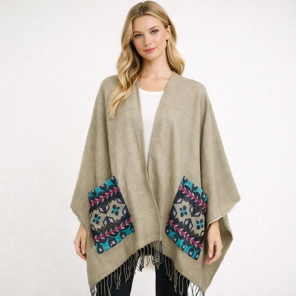 2/$30 NEW Boho Southwest Ruana Oversized Open Wrap Poncho Blanket Scarf